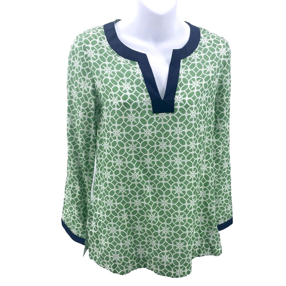 Vineyard Vines Womens Blouse XS Preppy Green Print Blue Cotton Silk Tunic Top